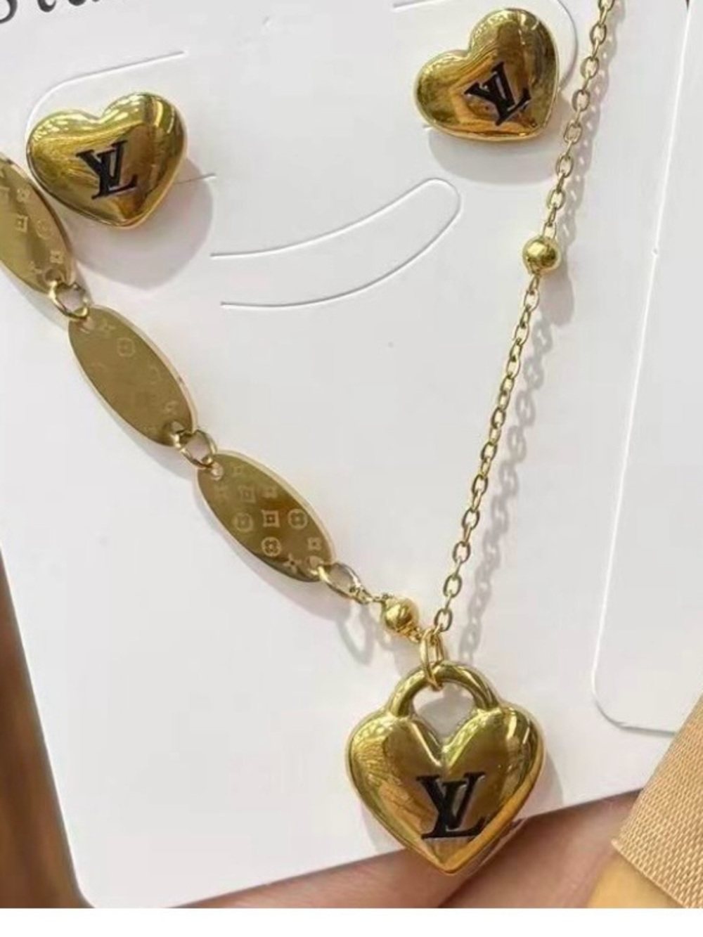 Gold Heart Padlock Necklace and Earrings Set